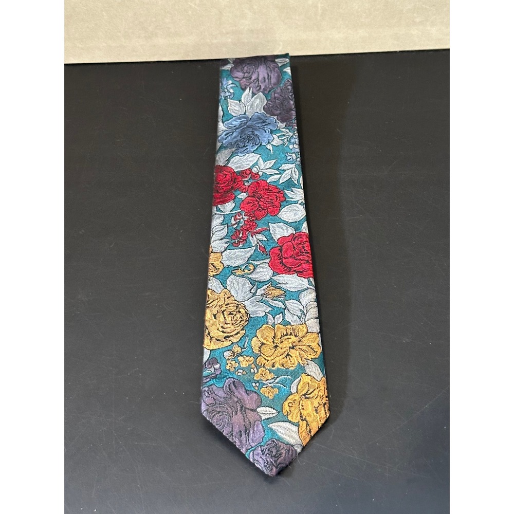 Wembley Wemilk Vintage Floral Necktie Teal Yellow Red Woven Jacquard Mens Tie